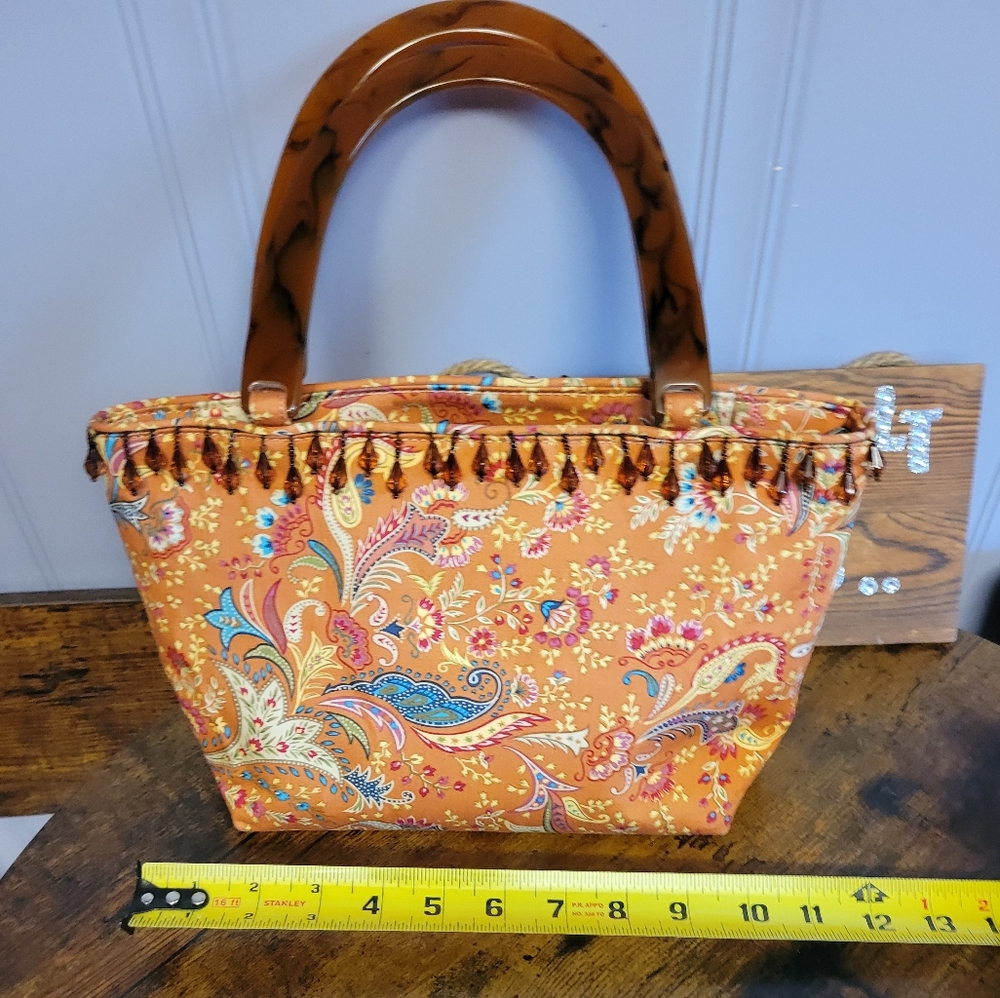 Vintage Talbots Orange Paisley handbag ,beaded ,tortoise Handles - Picture 5 of 11